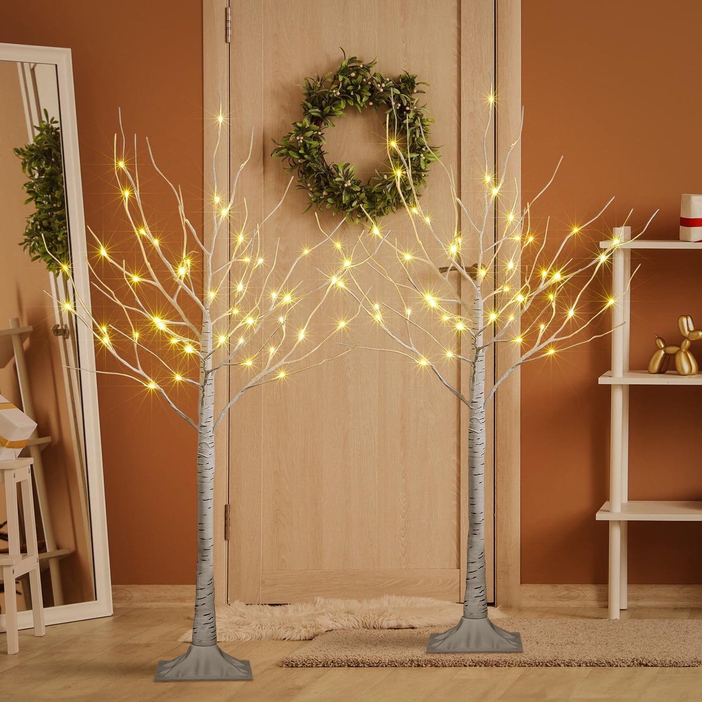 LED Birch Tree Light Set - 4ft, 6ft, 8ft Trees with Warm White Lights - Indoor Outdoor Christmas Wedding Party Decorations (3-Pack)