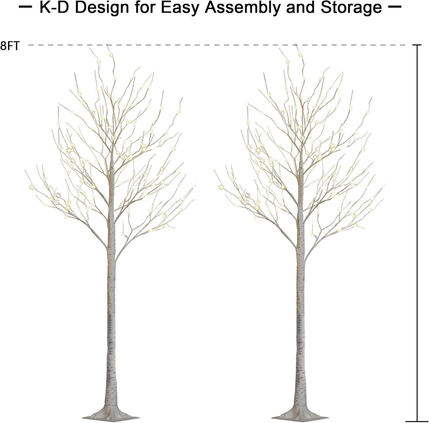 LED Birch Tree Light Set - 4ft, 6ft, 8ft Trees with Warm White Lights - Indoor Outdoor Christmas Wedding Party Decorations (3-Pack)