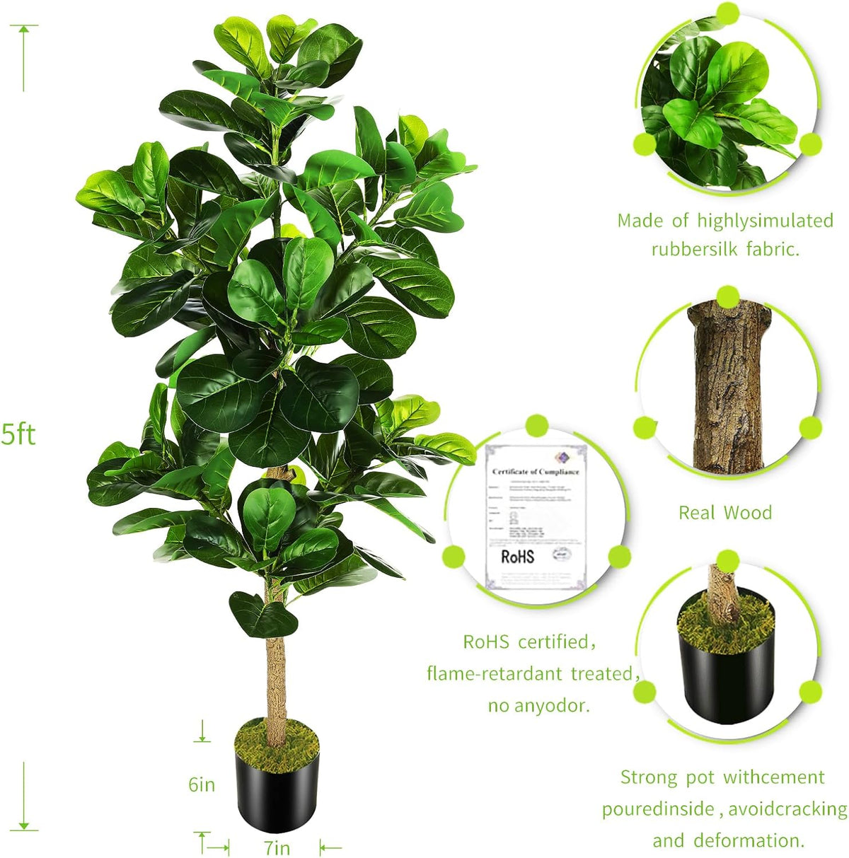 OXLLXO 6ft Artificial Fiddle Leaf Fig Tree (72in) with Plastic Nursery Pot Faux Tree, Ficus Lyrata Fake Plant for Office House Farmhouse Living Room Home Decor (Indoor/Outdoor)