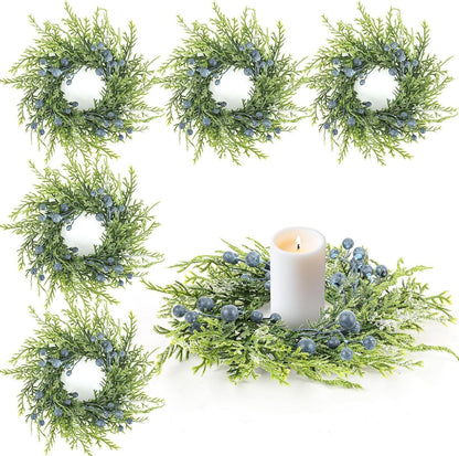 6 Pcs Green Boxwood Candle Rings Wreaths Mini Spring Summer Forsythia Wreath for Front Door Artificial Rings Wreaths with White Flowers for Pillar Porch Wall Window Farmhouse All Seasons Decor