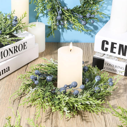 6 Pcs Green Boxwood Candle Rings Wreaths Mini Spring Summer Forsythia Wreath for Front Door Artificial Rings Wreaths with White Flowers for Pillar Porch Wall Window Farmhouse All Seasons Decor