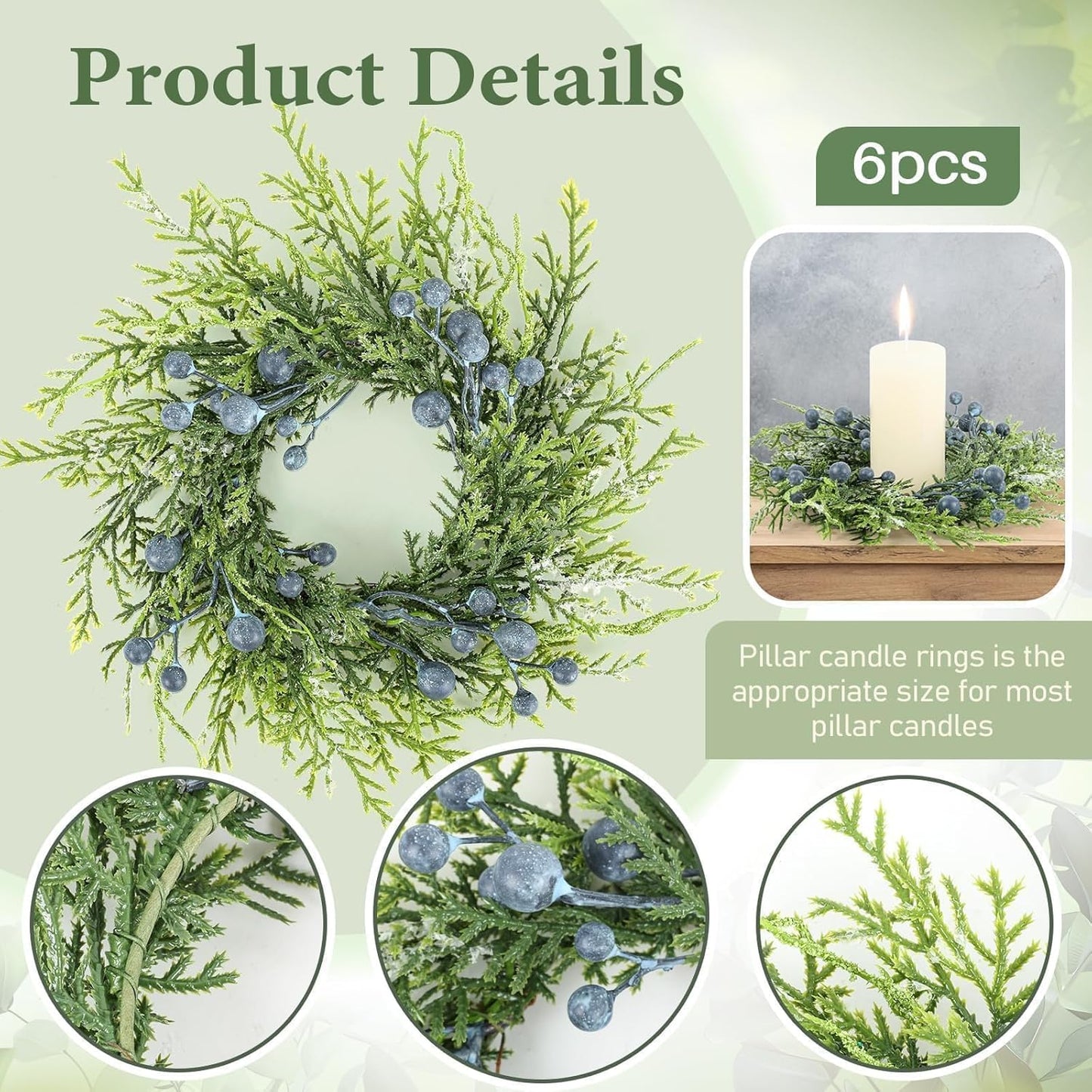 6 Pcs Green Boxwood Candle Rings Wreaths Mini Spring Summer Forsythia Wreath for Front Door Artificial Rings Wreaths with White Flowers for Pillar Porch Wall Window Farmhouse All Seasons Decor