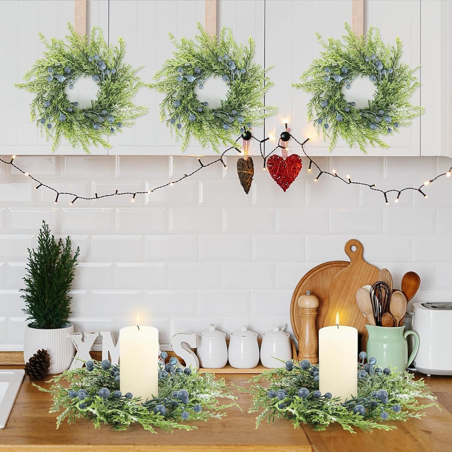 6 Pcs Green Boxwood Candle Rings Wreaths Mini Spring Summer Forsythia Wreath for Front Door Artificial Rings Wreaths with White Flowers for Pillar Porch Wall Window Farmhouse All Seasons Decor