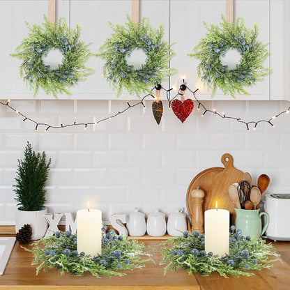 6 Pcs Green Boxwood Candle Rings Wreaths Mini Spring Summer Forsythia Wreath for Front Door Artificial Rings Wreaths with White Flowers for Pillar Porch Wall Window Farmhouse All Seasons Decor