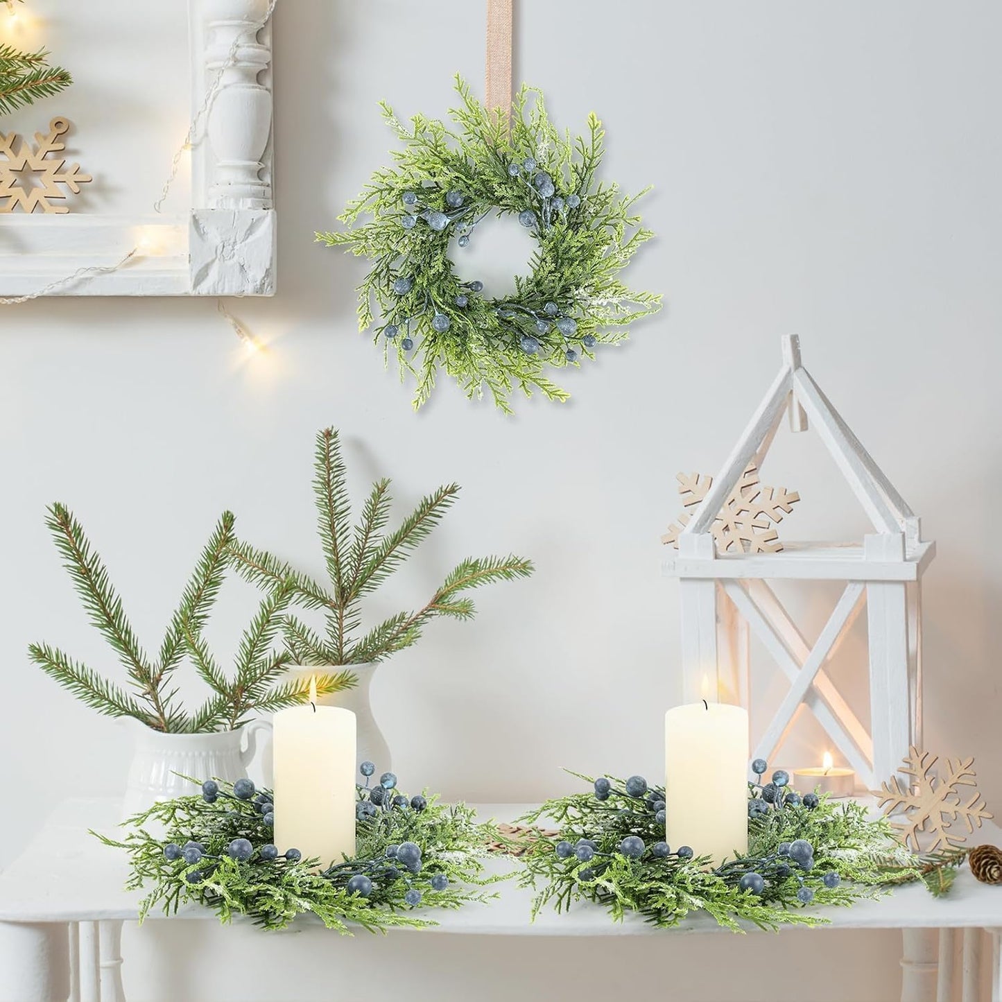 6 Pcs Green Boxwood Candle Rings Wreaths Mini Spring Summer Forsythia Wreath for Front Door Artificial Rings Wreaths with White Flowers for Pillar Porch Wall Window Farmhouse All Seasons Decor