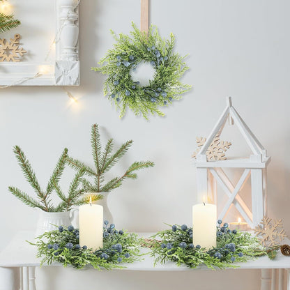 6 Pcs Green Boxwood Candle Rings Wreaths Mini Spring Summer Forsythia Wreath for Front Door Artificial Rings Wreaths with White Flowers for Pillar Porch Wall Window Farmhouse All Seasons Decor