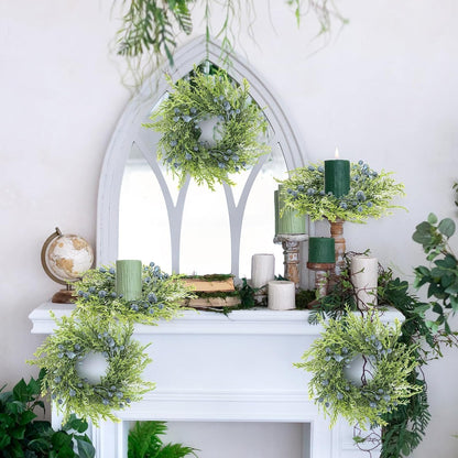 6 Pcs Green Boxwood Candle Rings Wreaths Mini Spring Summer Forsythia Wreath for Front Door Artificial Rings Wreaths with White Flowers for Pillar Porch Wall Window Farmhouse All Seasons Decor