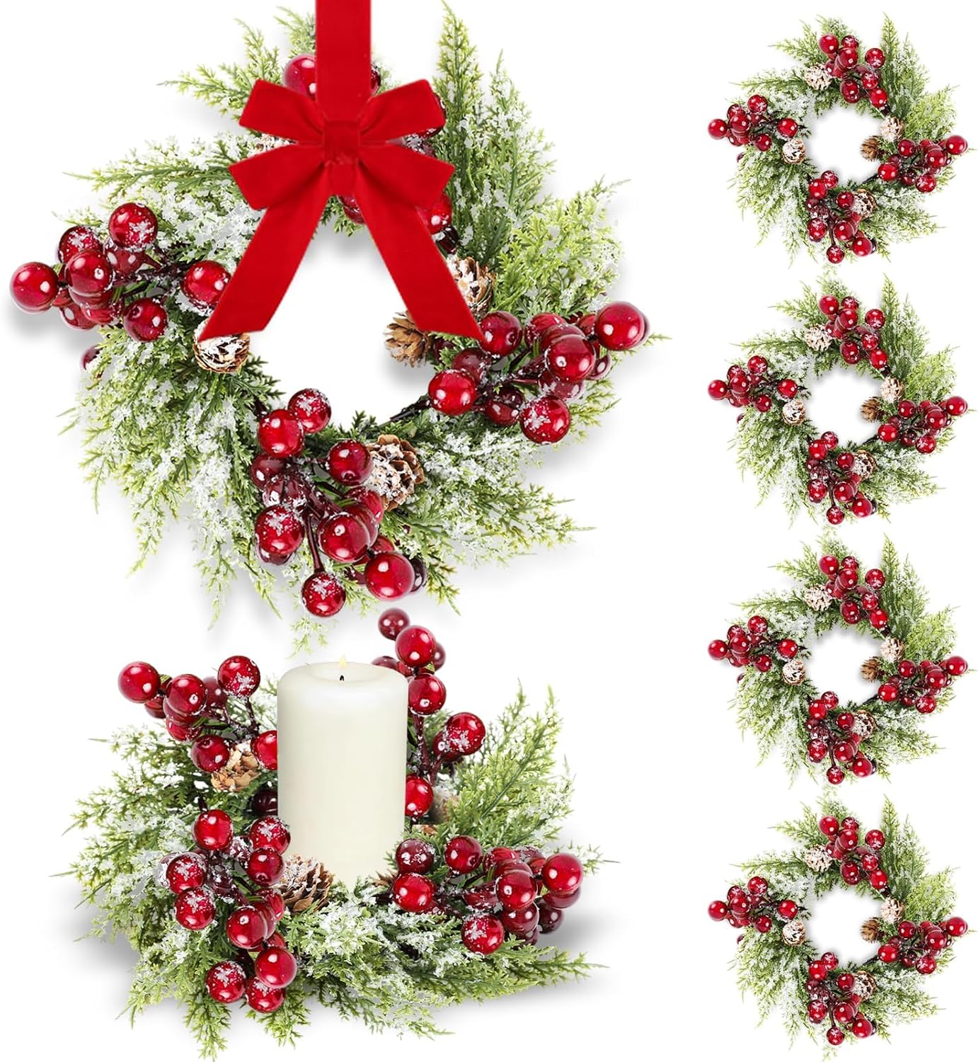 6 Pcs Green Boxwood Candle Rings Wreaths Mini Spring Summer Forsythia Wreath for Front Door Artificial Rings Wreaths with White Flowers for Pillar Porch Wall Window Farmhouse All Seasons Decor