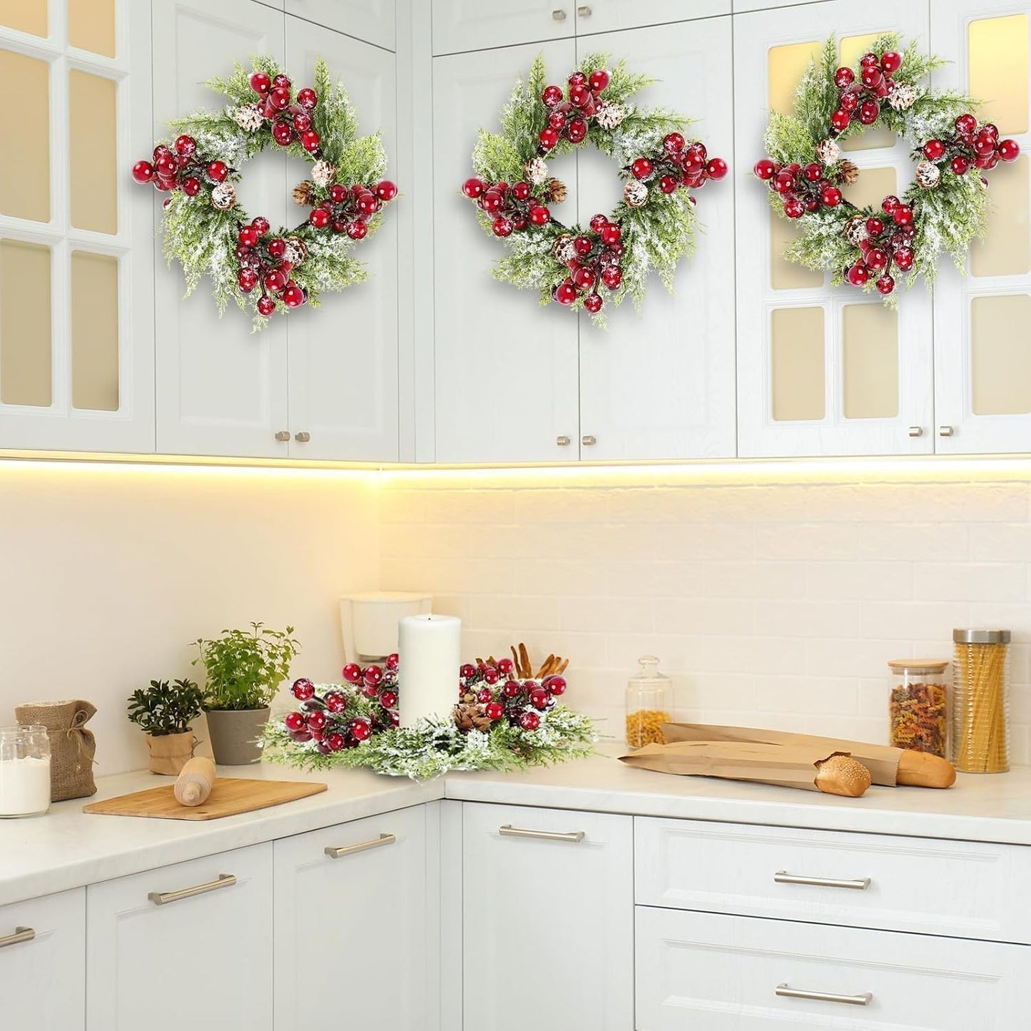 6 Pcs Green Boxwood Candle Rings Wreaths Mini Spring Summer Forsythia Wreath for Front Door Artificial Rings Wreaths with White Flowers for Pillar Porch Wall Window Farmhouse All Seasons Decor