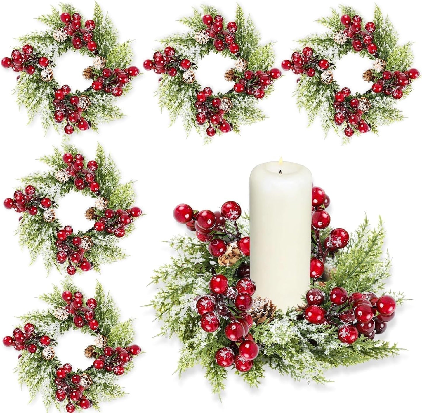 6 Pcs Green Boxwood Candle Rings Wreaths Mini Spring Summer Forsythia Wreath for Front Door Artificial Rings Wreaths with White Flowers for Pillar Porch Wall Window Farmhouse All Seasons Decor
