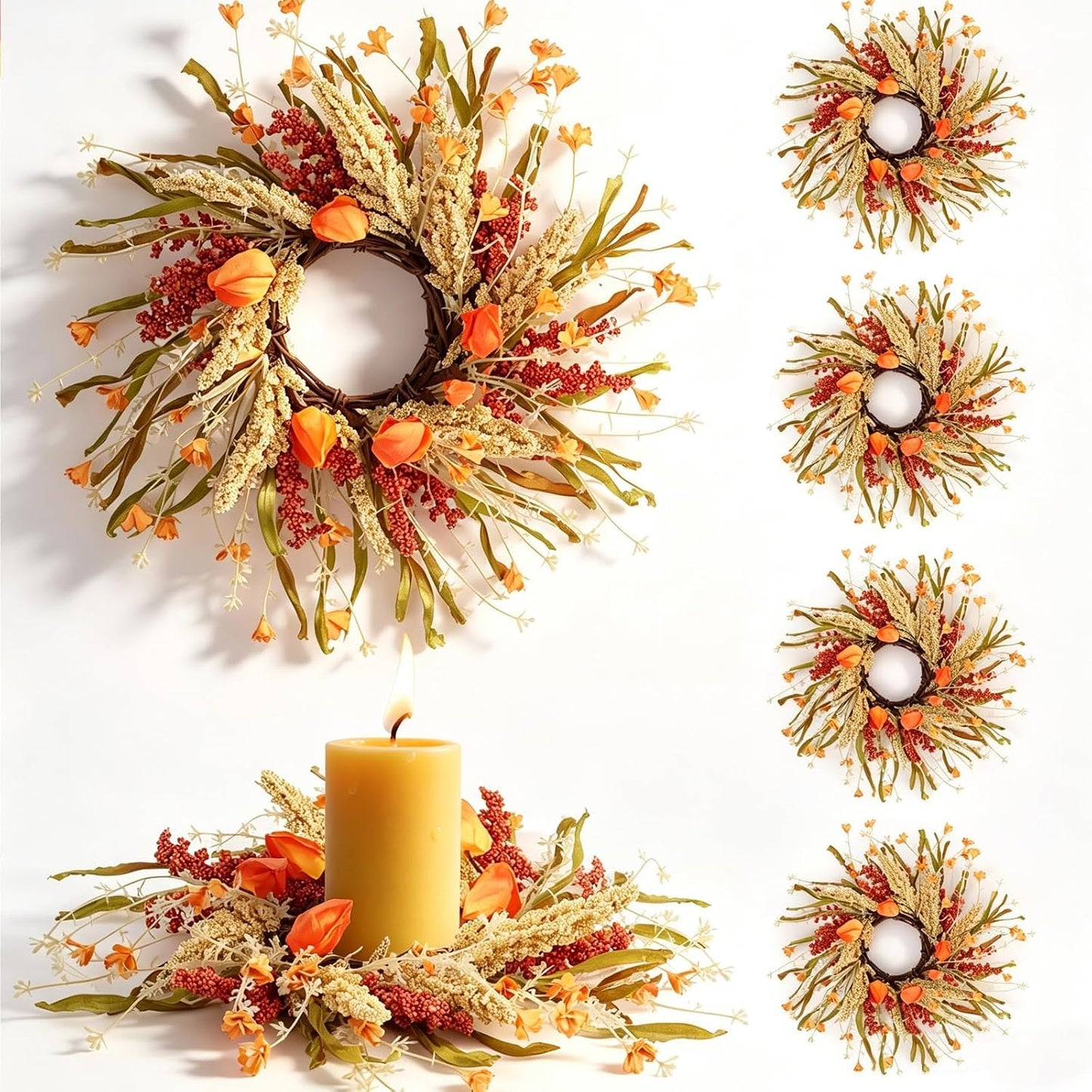 6 Pcs Green Boxwood Candle Rings Wreaths Mini Spring Summer Forsythia Wreath for Front Door Artificial Rings Wreaths with White Flowers for Pillar Porch Wall Window Farmhouse All Seasons Decor
