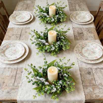 6 Pcs Green Boxwood Candle Rings Wreaths Mini Spring Summer Forsythia Wreath for Front Door Artificial Rings Wreaths with White Flowers for Pillar Porch Wall Window Farmhouse All Seasons Decor
