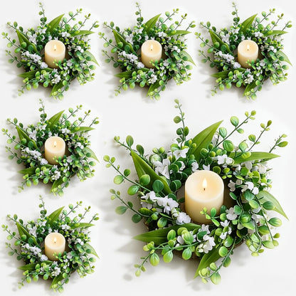 6 Pcs Green Boxwood Candle Rings Wreaths Mini Spring Summer Forsythia Wreath for Front Door Artificial Rings Wreaths with White Flowers for Pillar Porch Wall Window Farmhouse All Seasons Decor