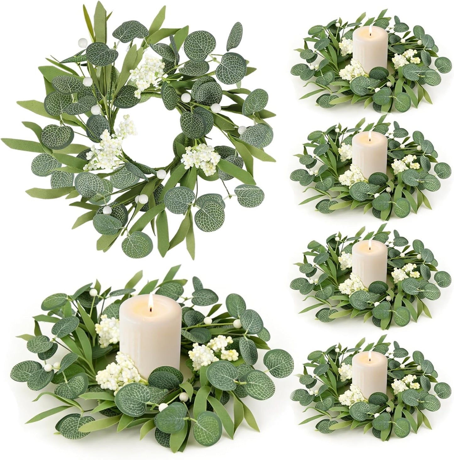 6 Pcs Green Boxwood Candle Rings Wreaths Mini Spring Summer Forsythia Wreath for Front Door Artificial Rings Wreaths with White Flowers for Pillar Porch Wall Window Farmhouse All Seasons Decor