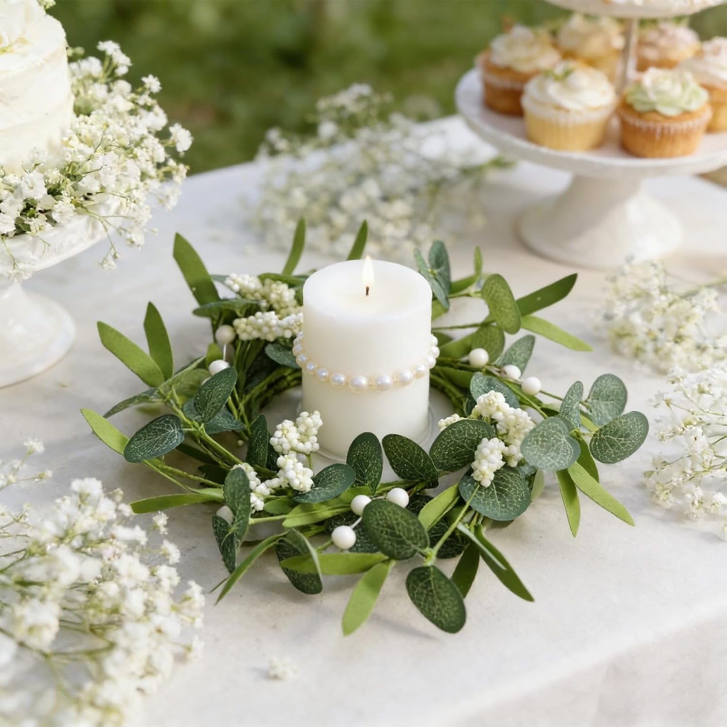 6 Pcs Green Boxwood Candle Rings Wreaths Mini Spring Summer Forsythia Wreath for Front Door Artificial Rings Wreaths with White Flowers for Pillar Porch Wall Window Farmhouse All Seasons Decor