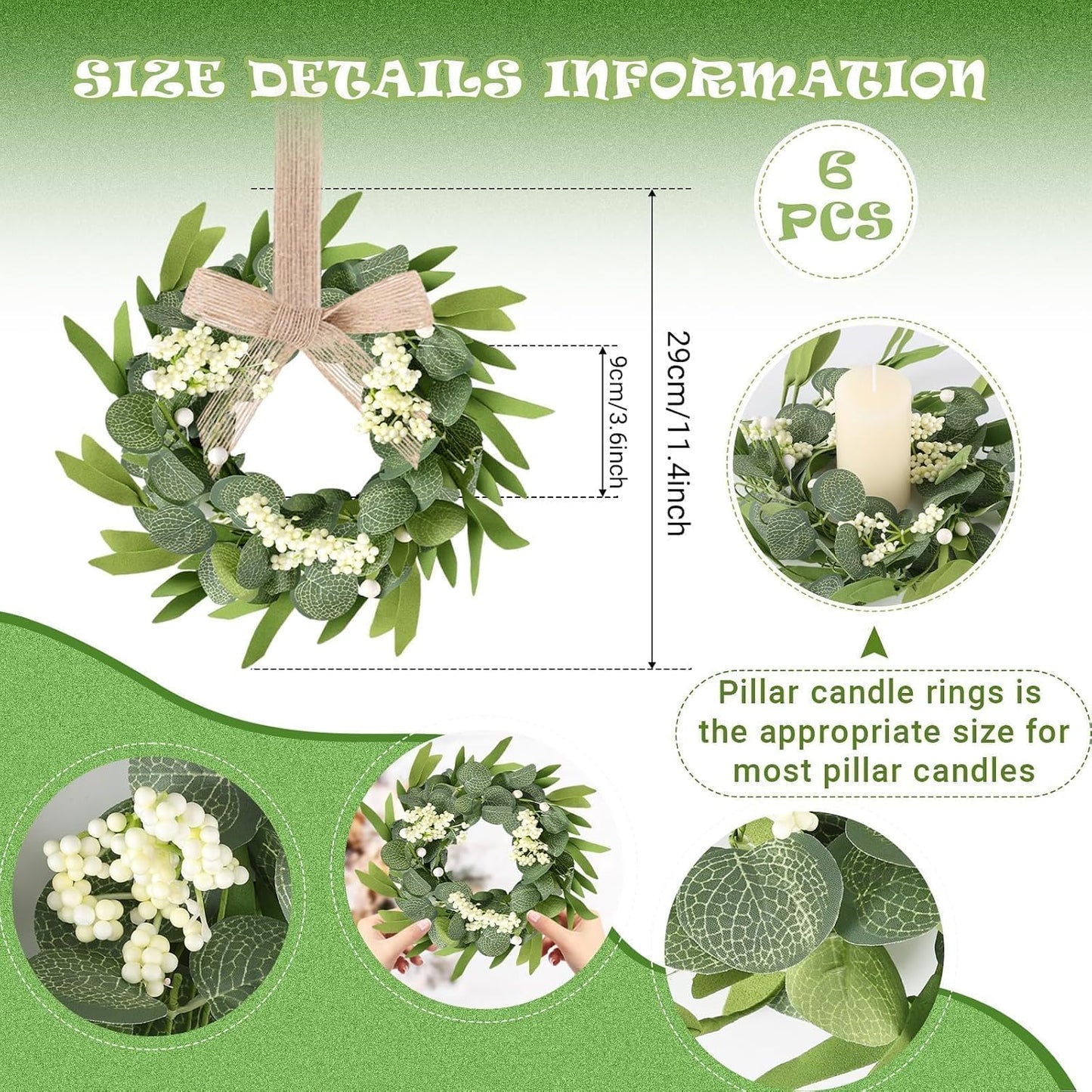 6 Pcs Green Boxwood Candle Rings Wreaths Mini Spring Summer Forsythia Wreath for Front Door Artificial Rings Wreaths with White Flowers for Pillar Porch Wall Window Farmhouse All Seasons Decor