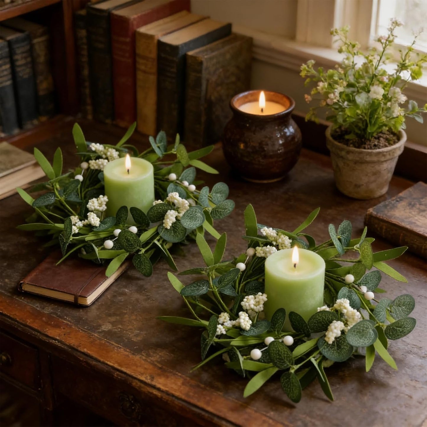 6 Pcs Green Boxwood Candle Rings Wreaths Mini Spring Summer Forsythia Wreath for Front Door Artificial Rings Wreaths with White Flowers for Pillar Porch Wall Window Farmhouse All Seasons Decor