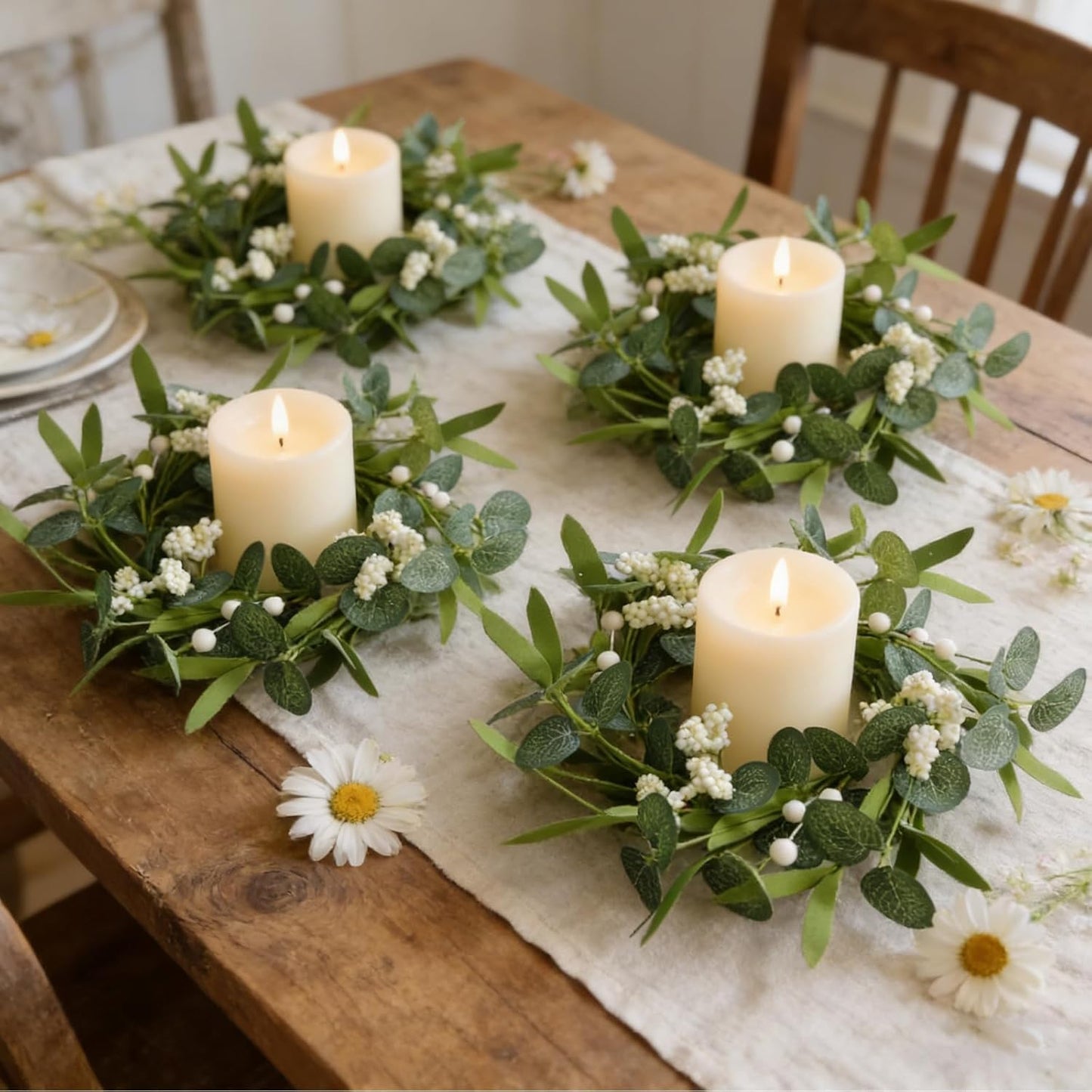 6 Pcs Green Boxwood Candle Rings Wreaths Mini Spring Summer Forsythia Wreath for Front Door Artificial Rings Wreaths with White Flowers for Pillar Porch Wall Window Farmhouse All Seasons Decor