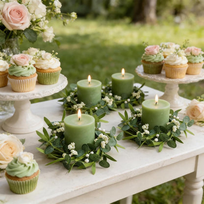 6 Pcs Green Boxwood Candle Rings Wreaths Mini Spring Summer Forsythia Wreath for Front Door Artificial Rings Wreaths with White Flowers for Pillar Porch Wall Window Farmhouse All Seasons Decor