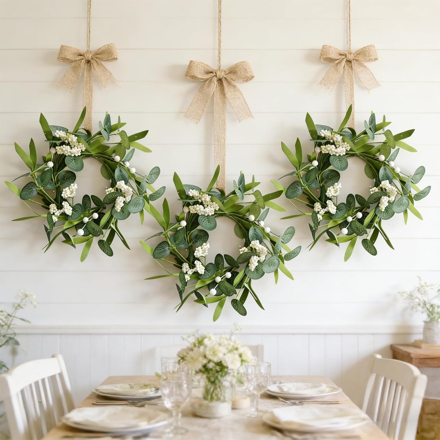 6 Pcs Green Boxwood Candle Rings Wreaths Mini Spring Summer Forsythia Wreath for Front Door Artificial Rings Wreaths with White Flowers for Pillar Porch Wall Window Farmhouse All Seasons Decor