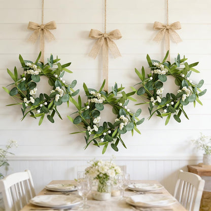 6 Pcs Green Boxwood Candle Rings Wreaths Mini Spring Summer Forsythia Wreath for Front Door Artificial Rings Wreaths with White Flowers for Pillar Porch Wall Window Farmhouse All Seasons Decor