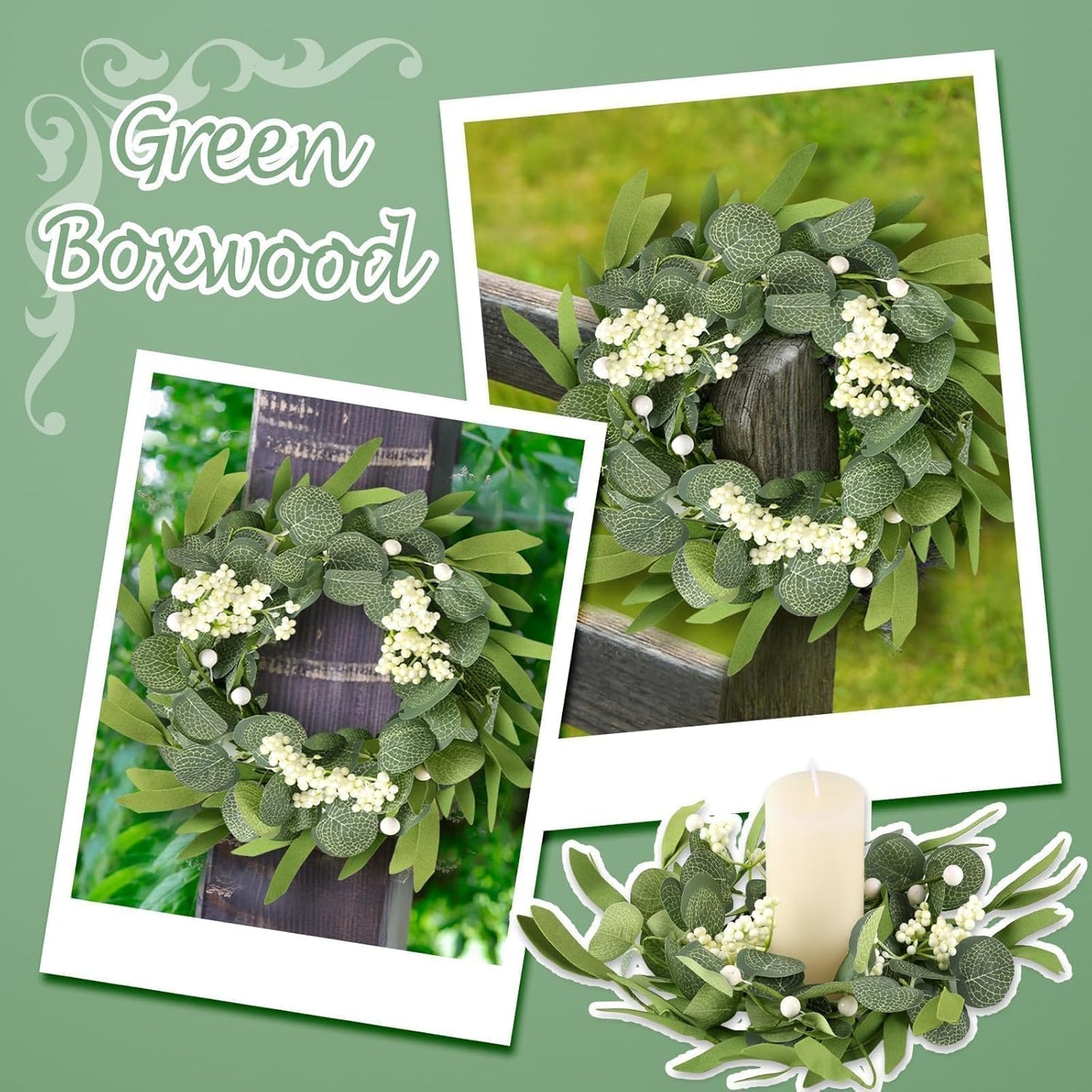 6 Pcs Green Boxwood Candle Rings Wreaths Mini Spring Summer Forsythia Wreath for Front Door Artificial Rings Wreaths with White Flowers for Pillar Porch Wall Window Farmhouse All Seasons Decor