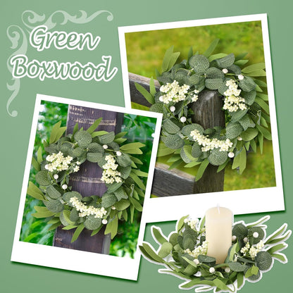 6 Pcs Green Boxwood Candle Rings Wreaths Mini Spring Summer Forsythia Wreath for Front Door Artificial Rings Wreaths with White Flowers for Pillar Porch Wall Window Farmhouse All Seasons Decor