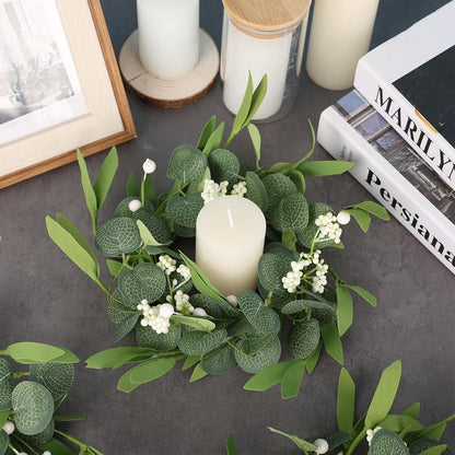 6 Pcs Green Boxwood Candle Rings Wreaths Mini Spring Summer Forsythia Wreath for Front Door Artificial Rings Wreaths with White Flowers for Pillar Porch Wall Window Farmhouse All Seasons Decor