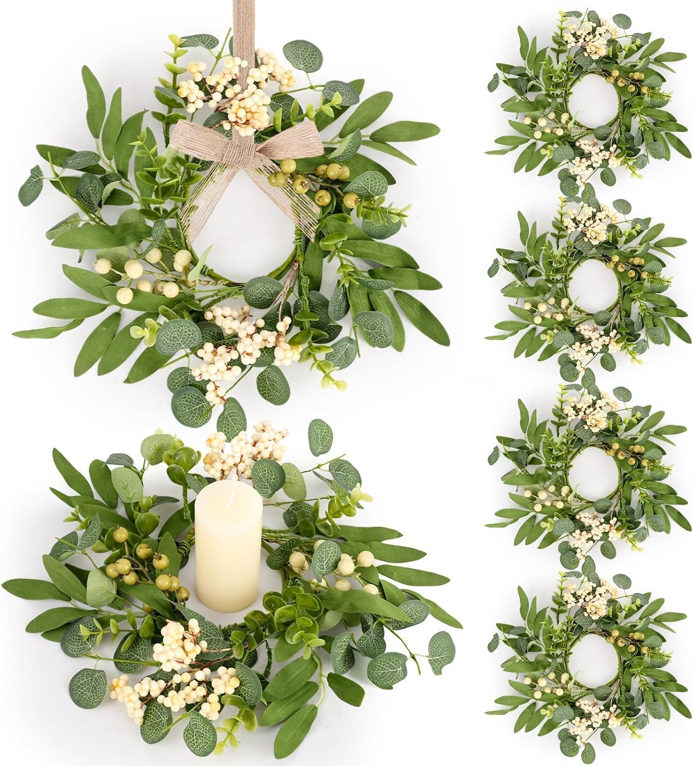 6 Pcs Green Boxwood Candle Rings Wreaths Mini Spring Summer Forsythia Wreath for Front Door Artificial Rings Wreaths with White Flowers for Pillar Porch Wall Window Farmhouse All Seasons Decor