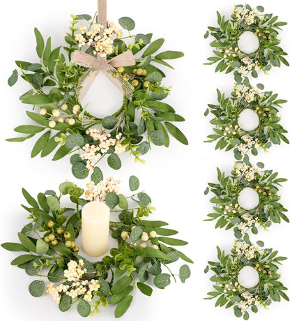 6 Pcs Green Boxwood Candle Rings Wreaths Mini Spring Summer Forsythia Wreath for Front Door Artificial Rings Wreaths with White Flowers for Pillar Porch Wall Window Farmhouse All Seasons Decor