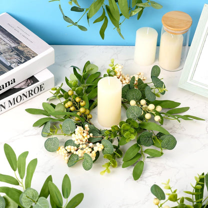 6 Pcs Green Boxwood Candle Rings Wreaths Mini Spring Summer Forsythia Wreath for Front Door Artificial Rings Wreaths with White Flowers for Pillar Porch Wall Window Farmhouse All Seasons Decor