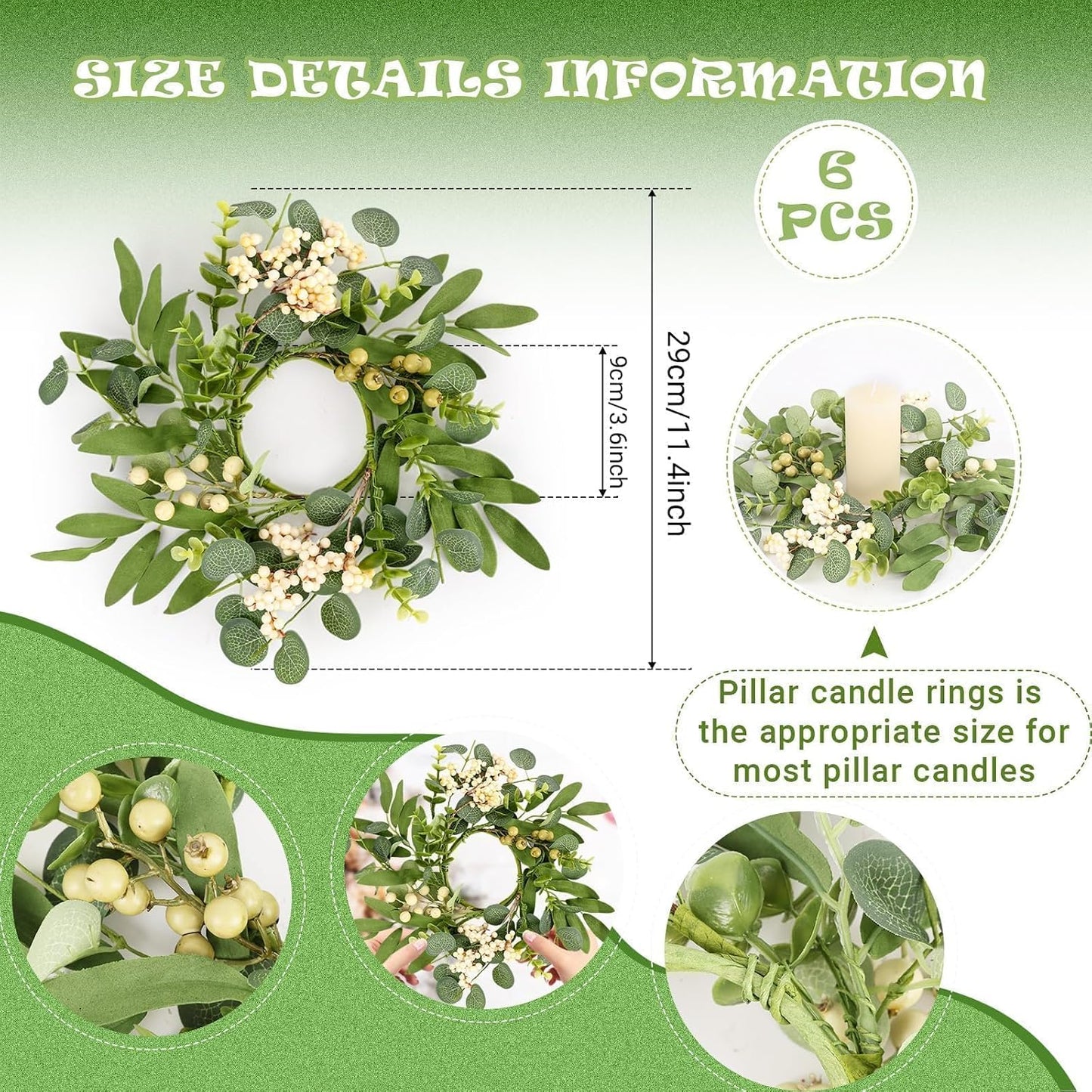 6 Pcs Green Boxwood Candle Rings Wreaths Mini Spring Summer Forsythia Wreath for Front Door Artificial Rings Wreaths with White Flowers for Pillar Porch Wall Window Farmhouse All Seasons Decor