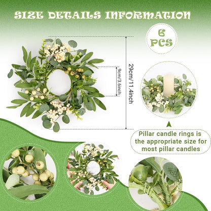 6 Pcs Green Boxwood Candle Rings Wreaths Mini Spring Summer Forsythia Wreath for Front Door Artificial Rings Wreaths with White Flowers for Pillar Porch Wall Window Farmhouse All Seasons Decor