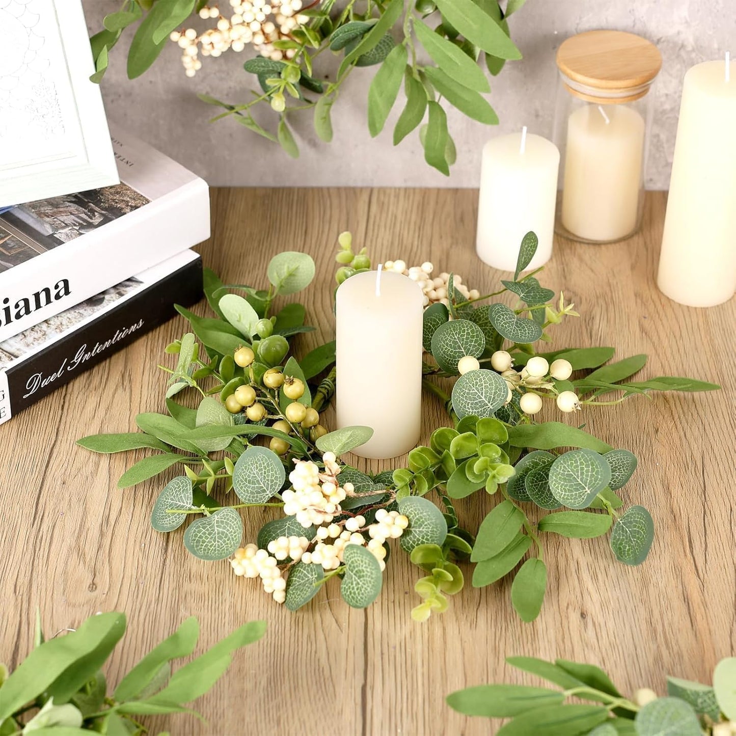 6 Pcs Green Boxwood Candle Rings Wreaths Mini Spring Summer Forsythia Wreath for Front Door Artificial Rings Wreaths with White Flowers for Pillar Porch Wall Window Farmhouse All Seasons Decor