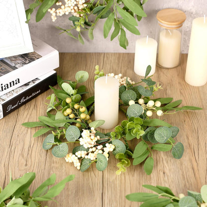6 Pcs Green Boxwood Candle Rings Wreaths Mini Spring Summer Forsythia Wreath for Front Door Artificial Rings Wreaths with White Flowers for Pillar Porch Wall Window Farmhouse All Seasons Decor