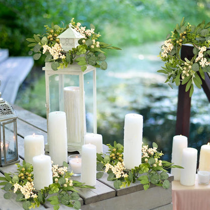 6 Pcs Green Boxwood Candle Rings Wreaths Mini Spring Summer Forsythia Wreath for Front Door Artificial Rings Wreaths with White Flowers for Pillar Porch Wall Window Farmhouse All Seasons Decor