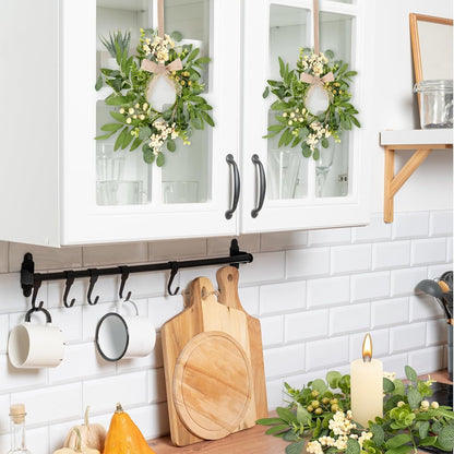 6 Pcs Green Boxwood Candle Rings Wreaths Mini Spring Summer Forsythia Wreath for Front Door Artificial Rings Wreaths with White Flowers for Pillar Porch Wall Window Farmhouse All Seasons Decor