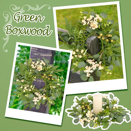 6 Pcs Green Boxwood Candle Rings Wreaths Mini Spring Summer Forsythia Wreath for Front Door Artificial Rings Wreaths with White Flowers for Pillar Porch Wall Window Farmhouse All Seasons Decor