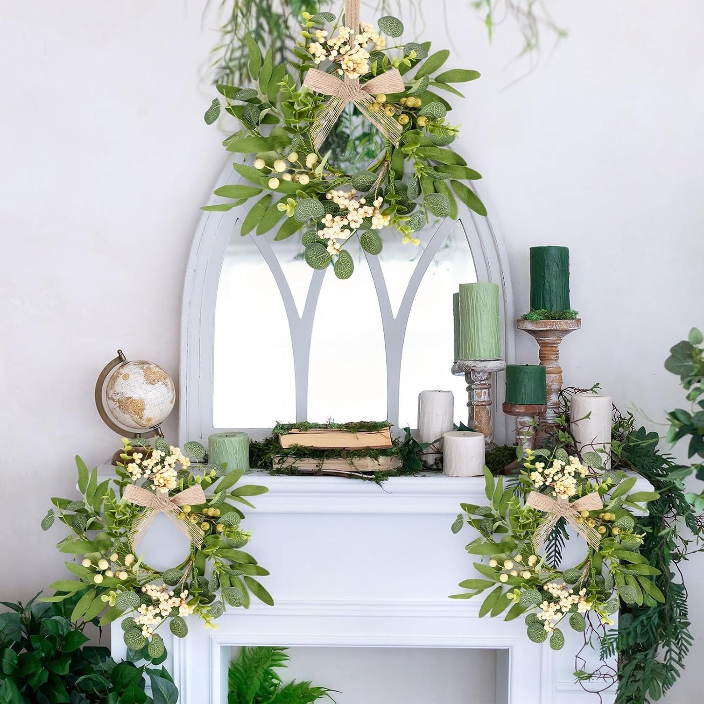 6 Pcs Green Boxwood Candle Rings Wreaths Mini Spring Summer Forsythia Wreath for Front Door Artificial Rings Wreaths with White Flowers for Pillar Porch Wall Window Farmhouse All Seasons Decor