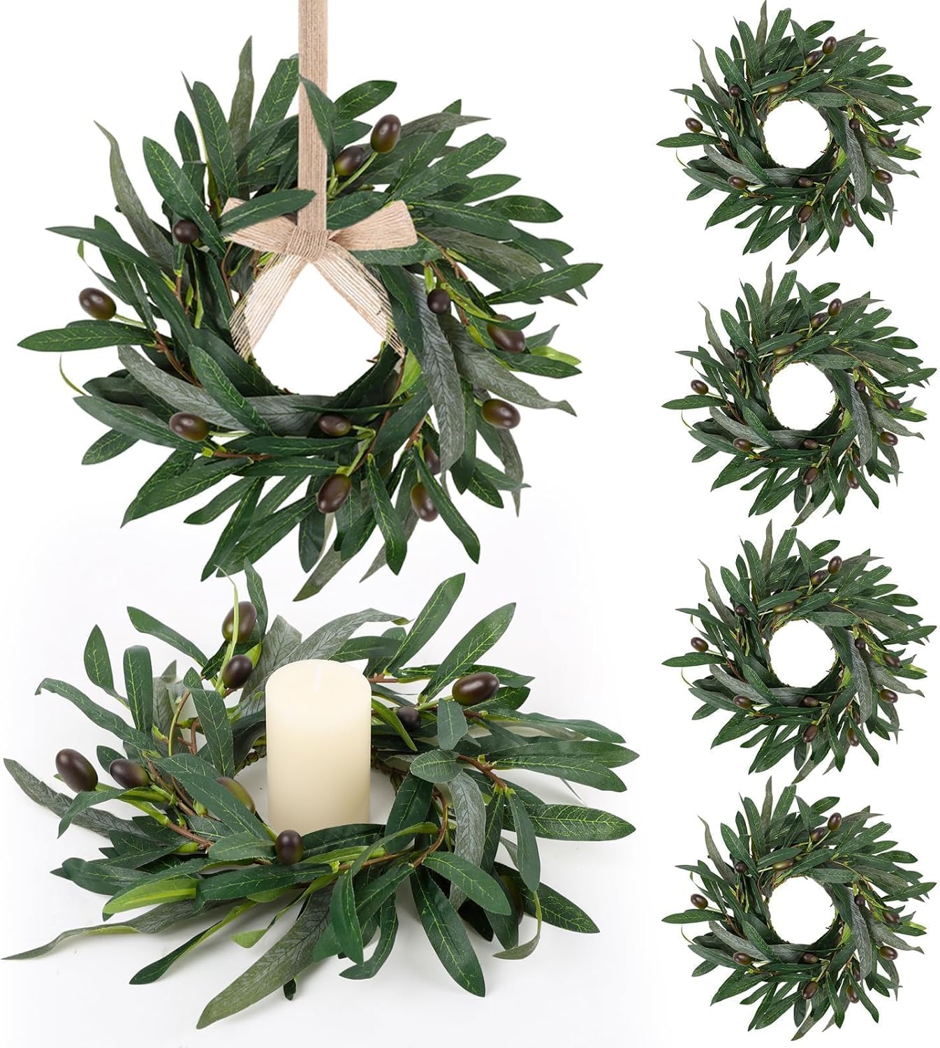 6 Pcs Green Boxwood Candle Rings Wreaths Mini Spring Summer Forsythia Wreath for Front Door Artificial Rings Wreaths with White Flowers for Pillar Porch Wall Window Farmhouse All Seasons Decor