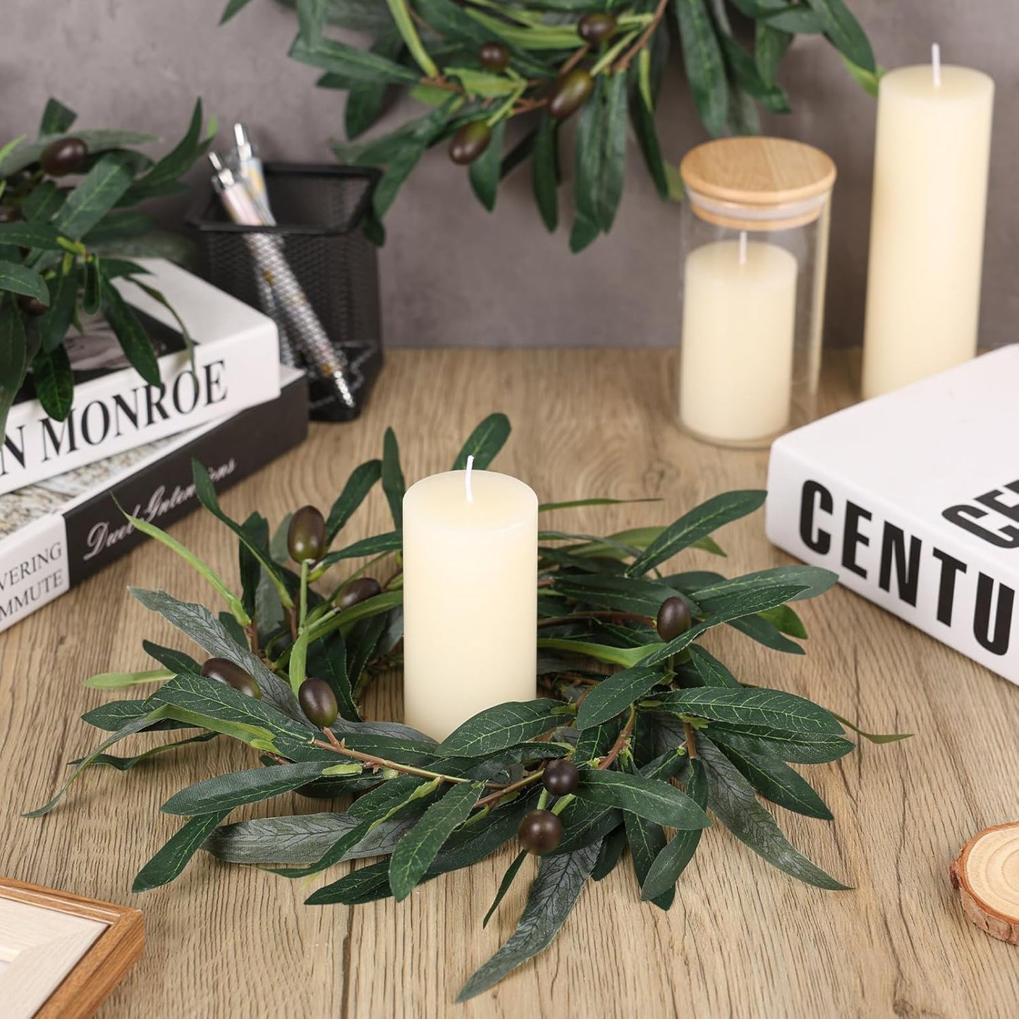 6 Pcs Green Boxwood Candle Rings Wreaths Mini Spring Summer Forsythia Wreath for Front Door Artificial Rings Wreaths with White Flowers for Pillar Porch Wall Window Farmhouse All Seasons Decor