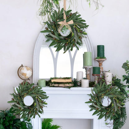6 Pcs Green Boxwood Candle Rings Wreaths Mini Spring Summer Forsythia Wreath for Front Door Artificial Rings Wreaths with White Flowers for Pillar Porch Wall Window Farmhouse All Seasons Decor