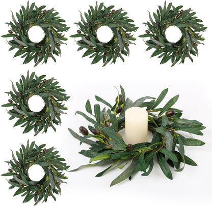 6 Pcs Green Boxwood Candle Rings Wreaths Mini Spring Summer Forsythia Wreath for Front Door Artificial Rings Wreaths with White Flowers for Pillar Porch Wall Window Farmhouse All Seasons Decor