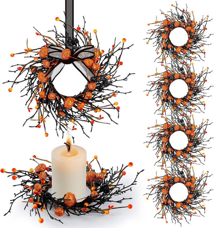 6 Pcs Green Boxwood Candle Rings Wreaths Mini Spring Summer Forsythia Wreath for Front Door Artificial Rings Wreaths with White Flowers for Pillar Porch Wall Window Farmhouse All Seasons Decor