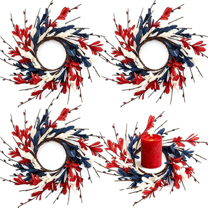 6 Pcs Green Boxwood Candle Rings Wreaths Mini Spring Summer Forsythia Wreath for Front Door Artificial Rings Wreaths with White Flowers for Pillar Porch Wall Window Farmhouse All Seasons Decor
