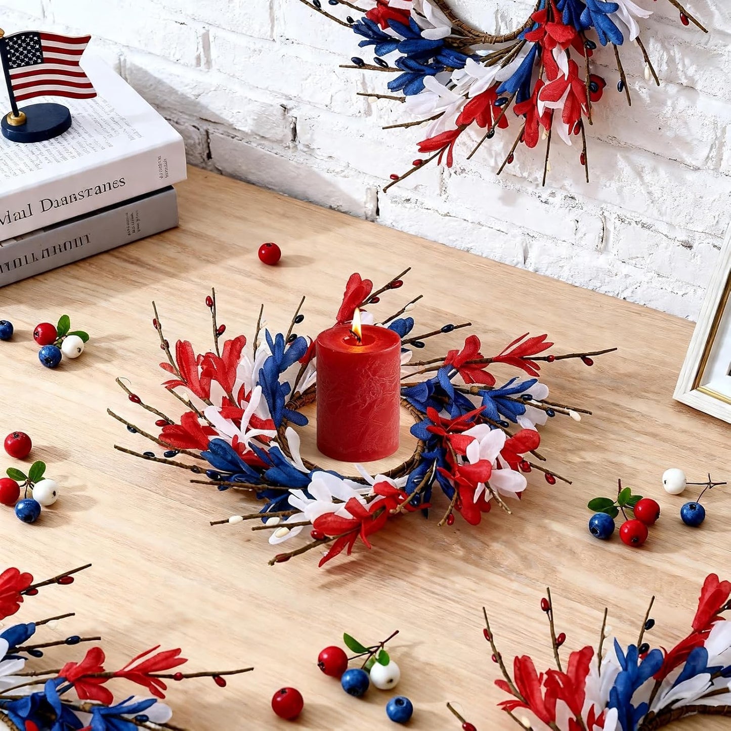 6 Pcs Green Boxwood Candle Rings Wreaths Mini Spring Summer Forsythia Wreath for Front Door Artificial Rings Wreaths with White Flowers for Pillar Porch Wall Window Farmhouse All Seasons Decor
