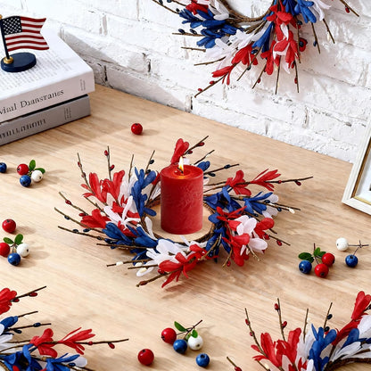 6 Pcs Green Boxwood Candle Rings Wreaths Mini Spring Summer Forsythia Wreath for Front Door Artificial Rings Wreaths with White Flowers for Pillar Porch Wall Window Farmhouse All Seasons Decor
