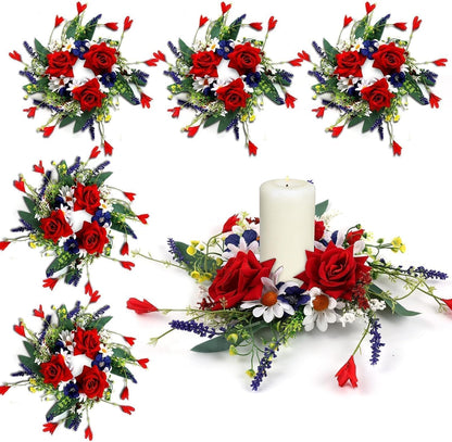 6 Pcs Green Boxwood Candle Rings Wreaths Mini Spring Summer Forsythia Wreath for Front Door Artificial Rings Wreaths with White Flowers for Pillar Porch Wall Window Farmhouse All Seasons Decor