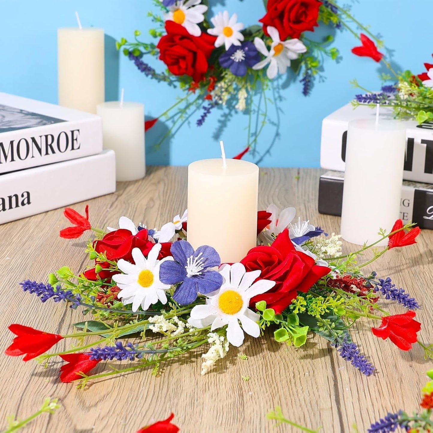 6 Pcs Green Boxwood Candle Rings Wreaths Mini Spring Summer Forsythia Wreath for Front Door Artificial Rings Wreaths with White Flowers for Pillar Porch Wall Window Farmhouse All Seasons Decor