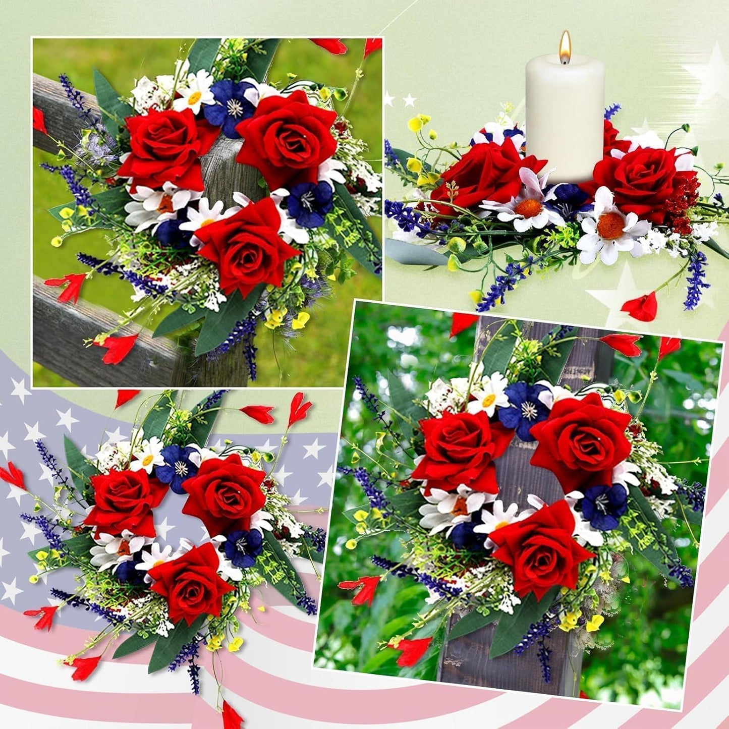6 Pcs Green Boxwood Candle Rings Wreaths Mini Spring Summer Forsythia Wreath for Front Door Artificial Rings Wreaths with White Flowers for Pillar Porch Wall Window Farmhouse All Seasons Decor